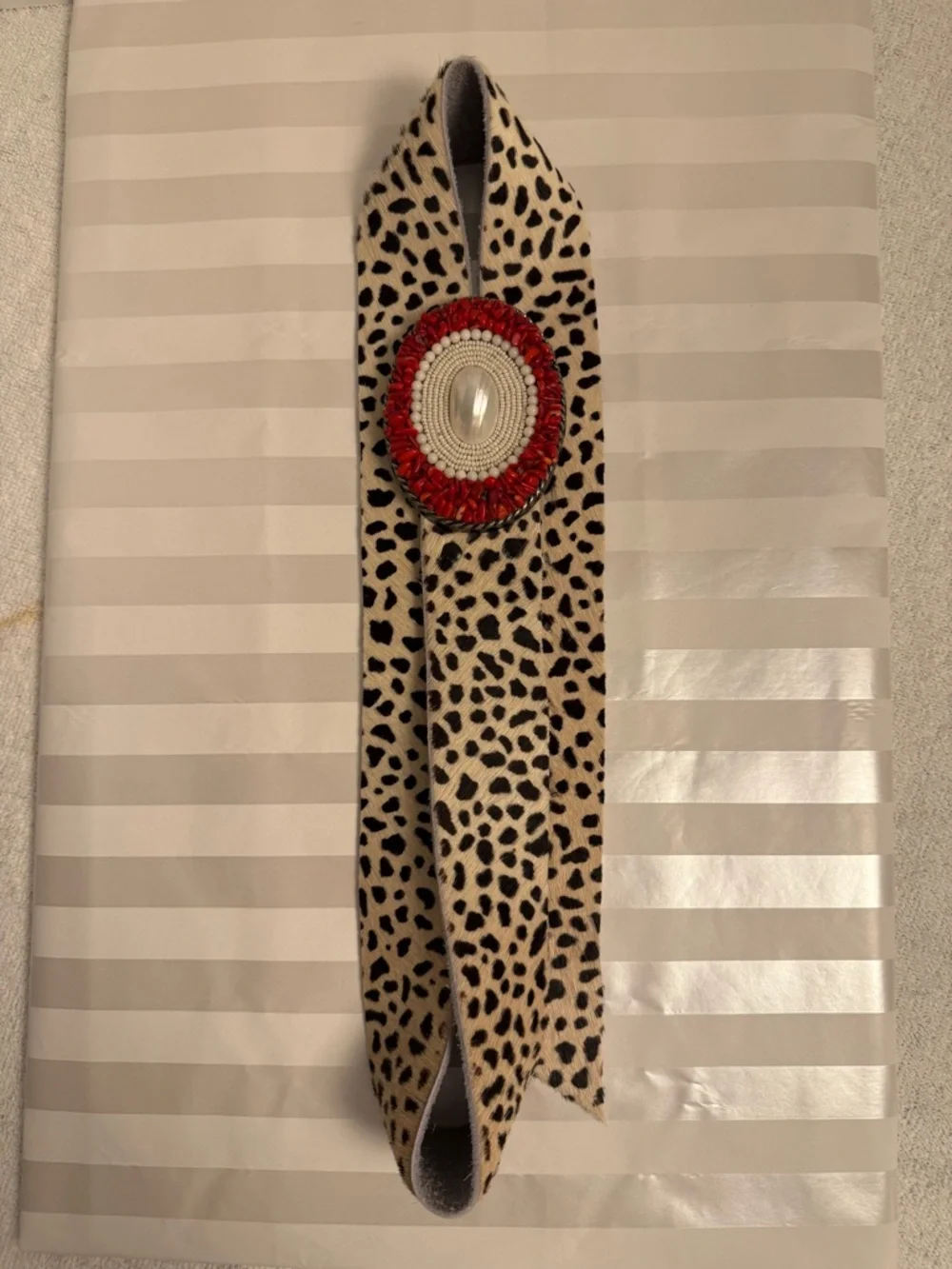 Platteppus Leopard Belt w/Hand Beaded Mother of Pearl & Bamboo Coral Buckle